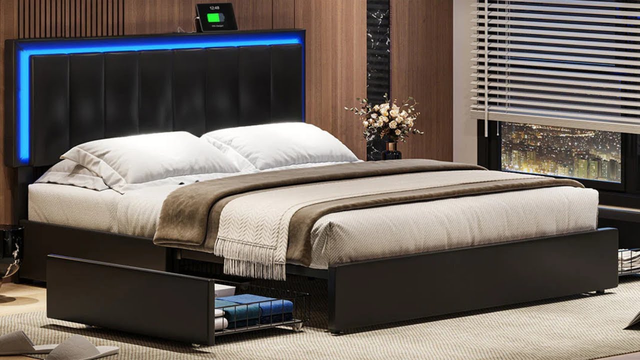 How to Install | Sikaic 4 Storage Drawers Bed Frame With Adjustable Headboard And LED Light Black