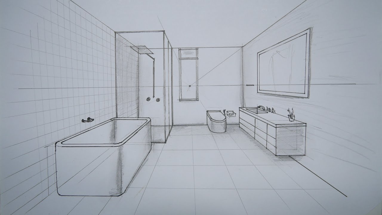 architecture how to draw bathroom in 1 point perspective