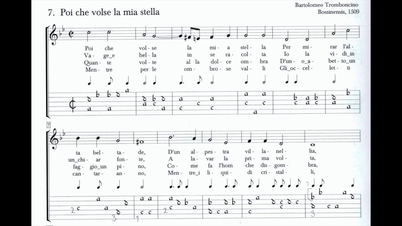 B.  Tromboncino, 1509, Poi che volse la mia stella, for lute and alto recorder