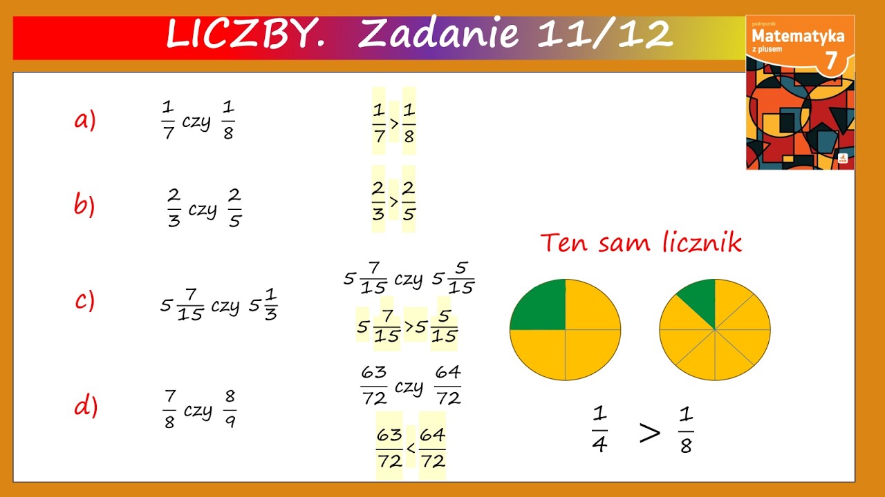 11str.12 Kt&oacute;ra z liczb jest większa? a) 1/7 czy 1/8 b) 2/3 czy 2/5 c) 5 7/15 czy 5 1/3