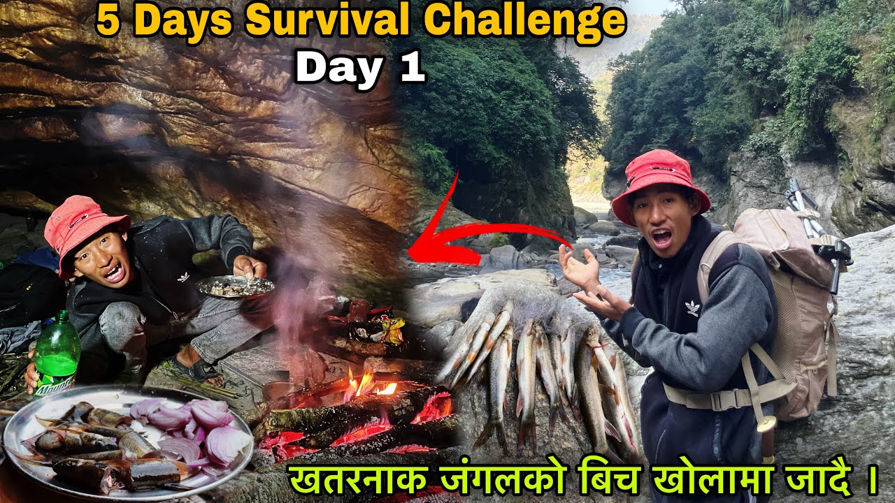 Fishing And Camping In Dangerous Area ! 5 Days Challenge ! Day 1 Survival Skills Cooking & Eating !