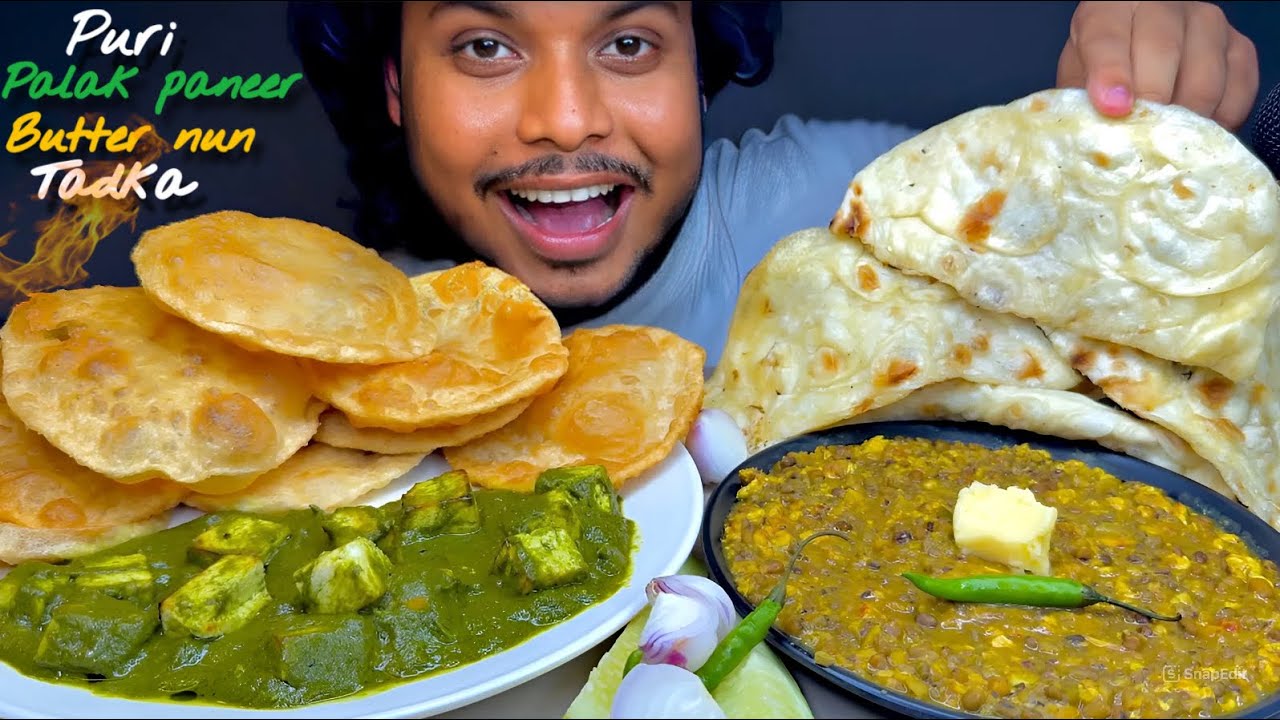 EATING PURI/LUCHI WITH PALAK PANEER😋BUTTER NAAN WITH PALAK PANEER AND EGG TADKA|SPICY EATING SHOW|