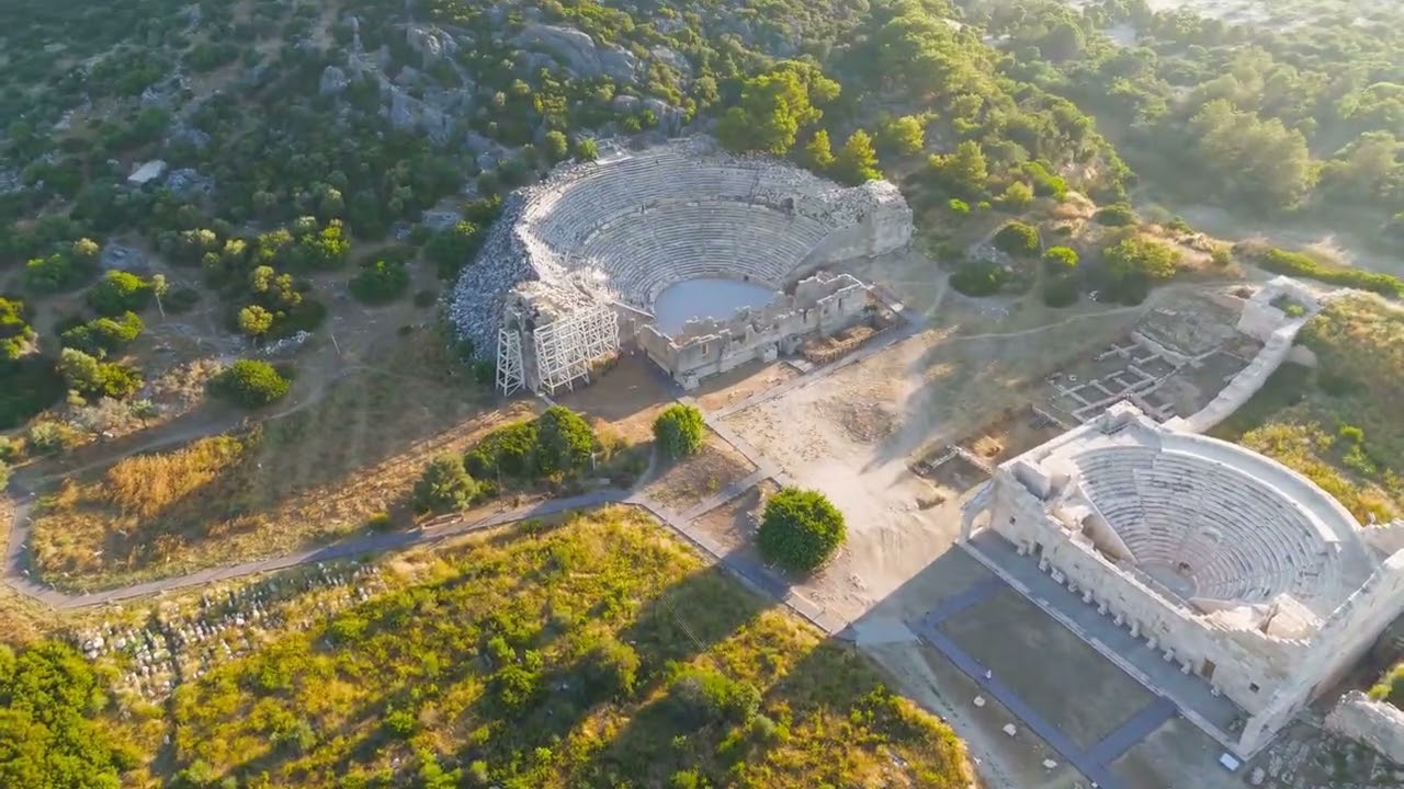Gelemis, Turkey. Aerial wide shot of Patara Ancient Theatre, historical archaeological site in su...
