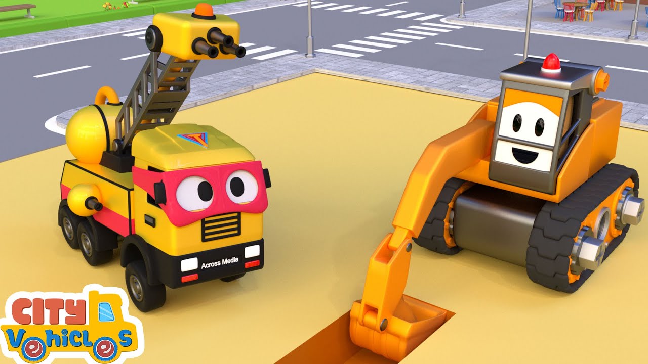 Transformer Team; Our crane truck rescues a steamroller that fell into concrete on a building site.