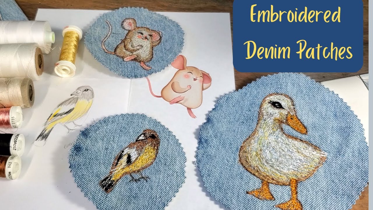 Machine Stitch Free Motion Embroidery Denim Patches #fibreart #slowstitching#textile #cuteanimals