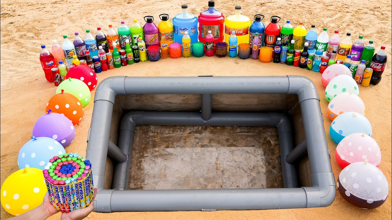 Experiment: Giant Monster, Coca Cola, Fanta, Mtn Dew, Balloons Soda vs Mentos in Rectangular Hole