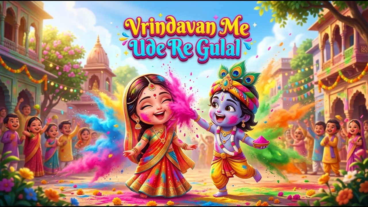 Vrindavan Me Ude Re Gulal - 3D Animated Holi Song for Kids | Radha Krishna Rhymes