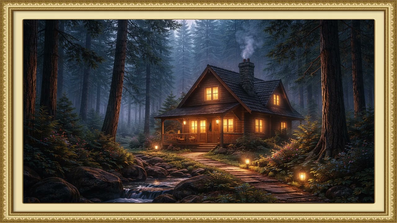 Cozy Cabin in a Twilight Forest | Ambient Art 4k Displays