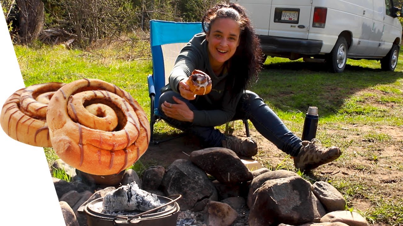 Van life morning in woods/ Campfire cooking fresh cinnamon buns on dutch oven