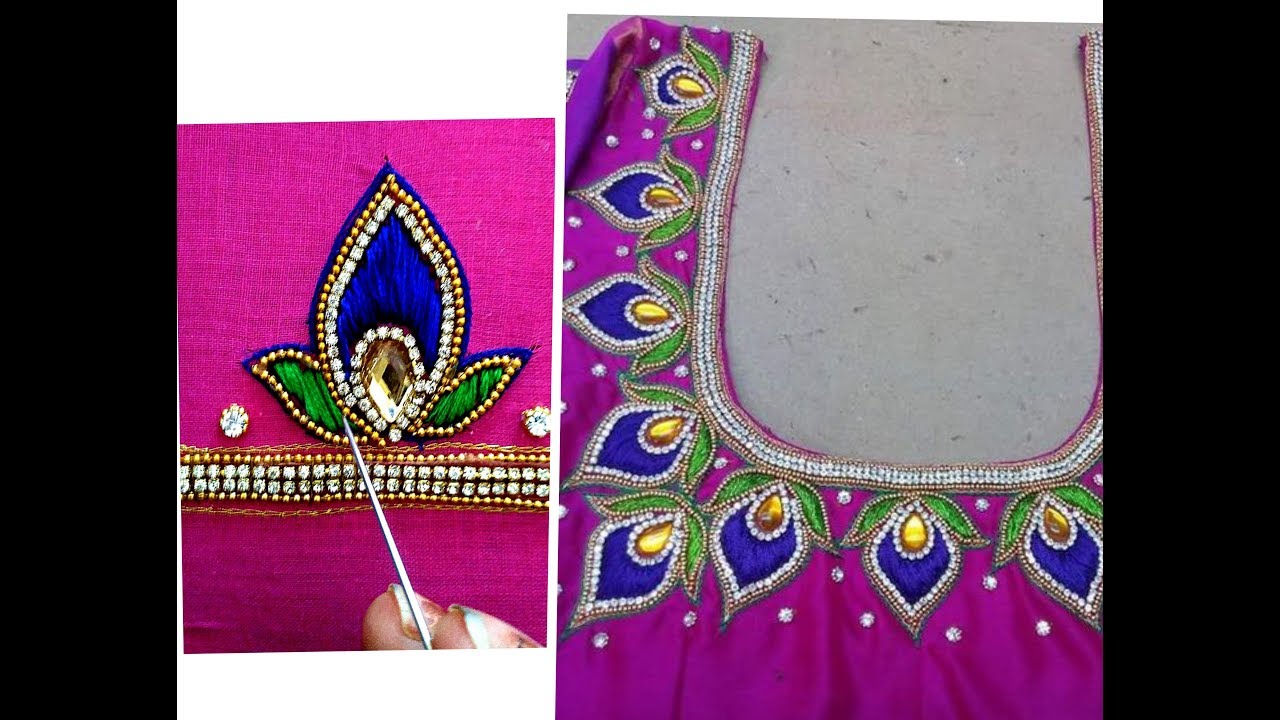 #126 అందమైన Peacock Feather డిసైనర్ నెక్ బ్లౌజ్ మాములు సూది తో అచ్చం ఆరి మగ్గం వర్క్ లాగే