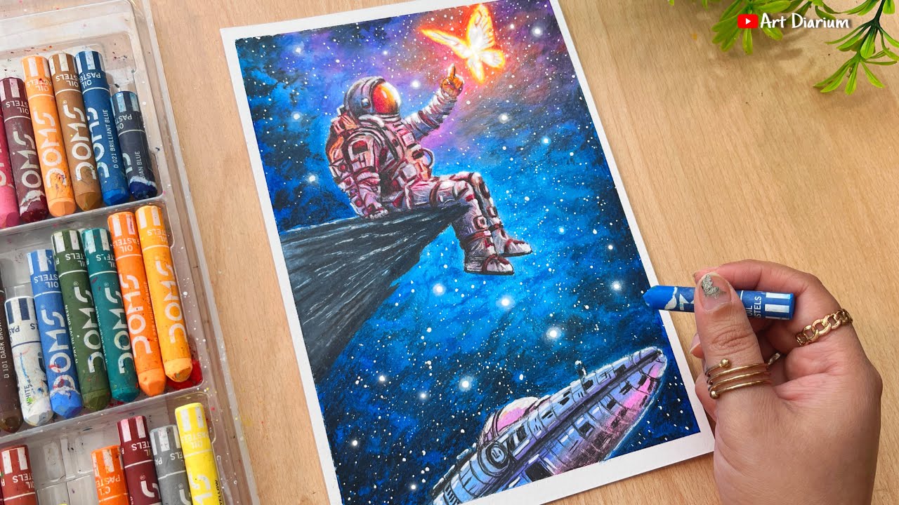 Astronaut in space dreamy Scene with Oil Pastel - Step by Step