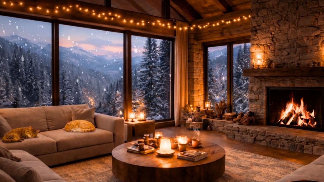 Soothing Winter Cabin Ambience ❄️ | Piano Jazz & Gentle Fire Sounds for Sleep, Deep Rest or Focus
