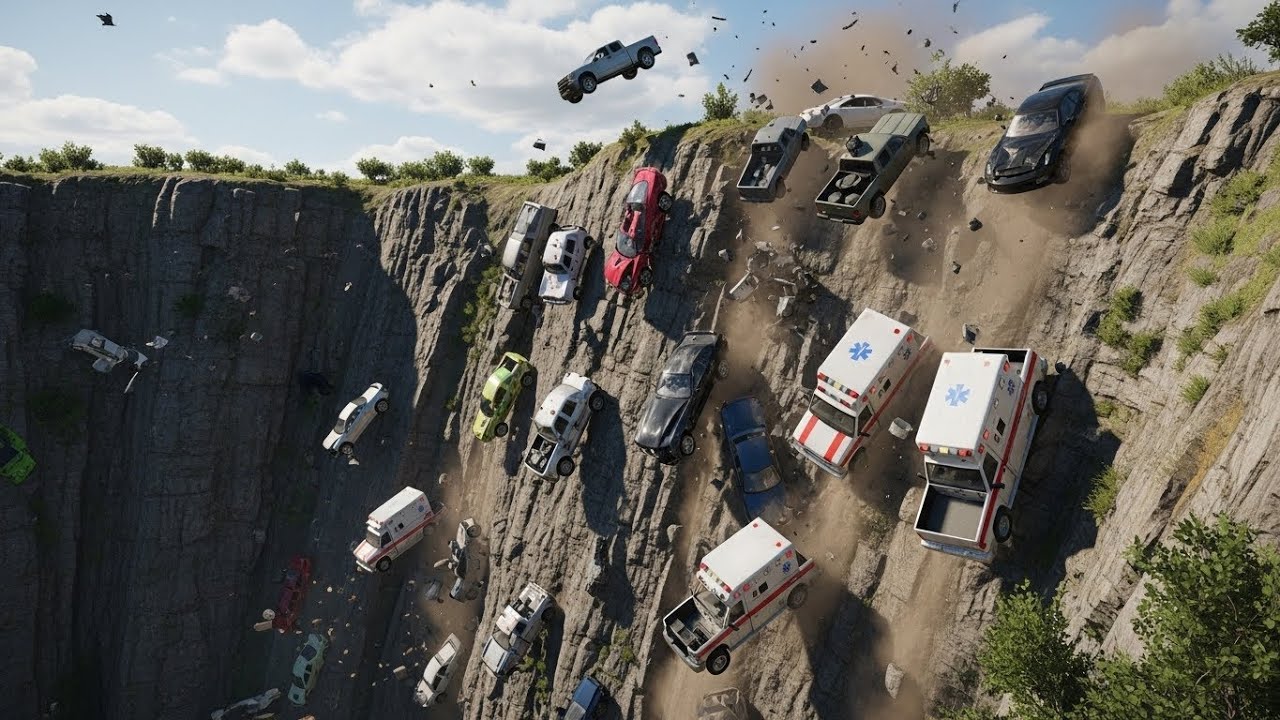 Sports Cars, Trucks & Ambulances Fall Off the Cliff Drop – BeamNG.drive