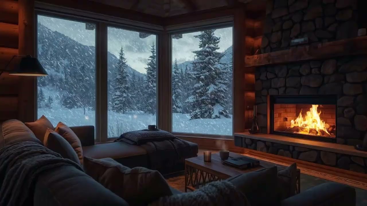Snowy Winter Retreat Living Room | Quiet Valley View & Fireplace Glow