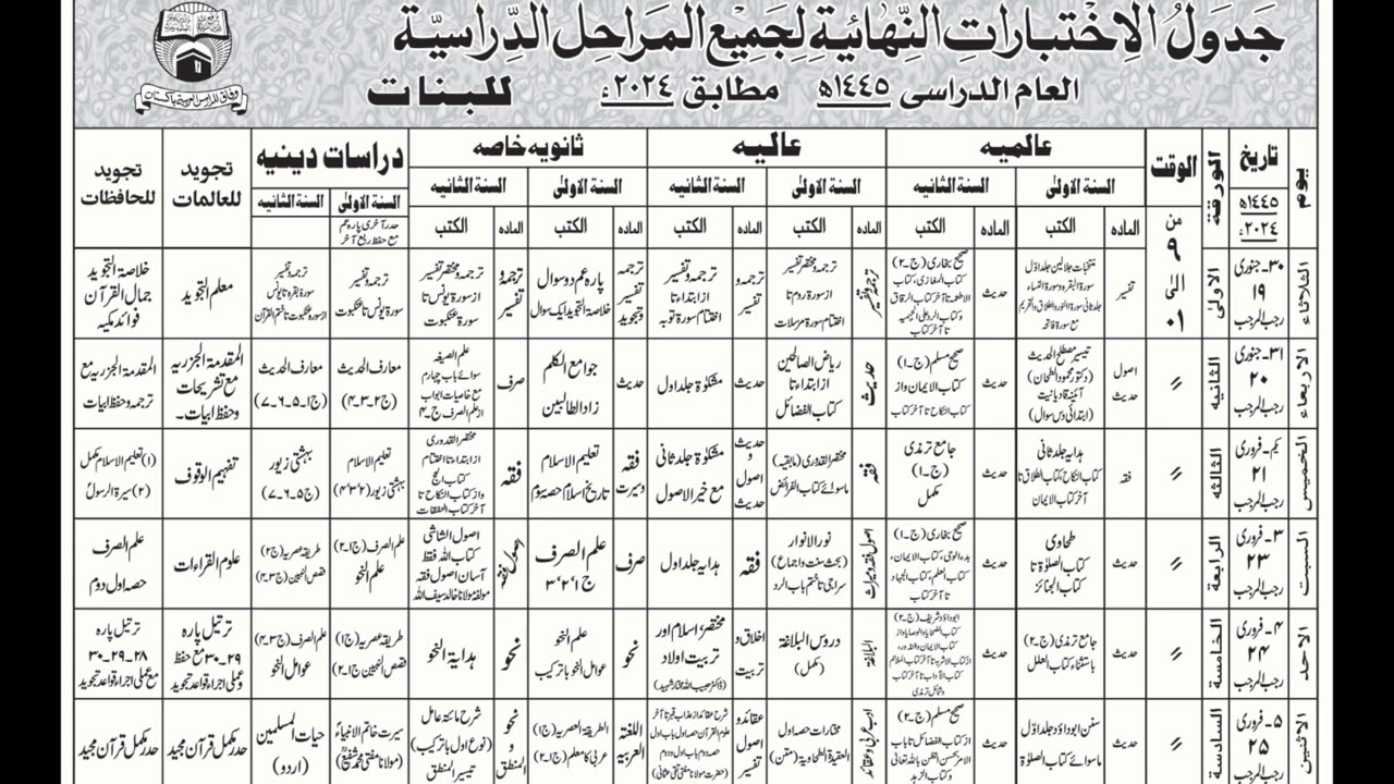 Date sheet banat exam wifaqulmadaris 2024