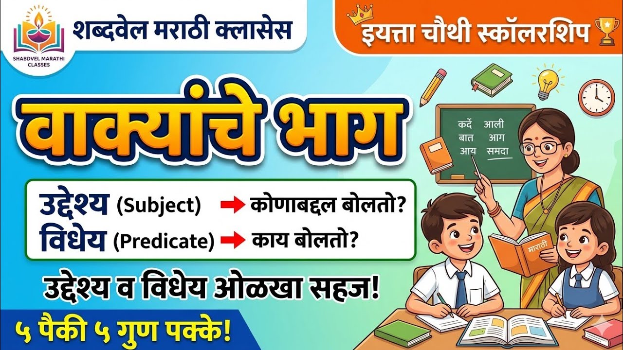 इयत्ता चौथी स्कॉलरशिप मराठी व्याकरण| वाक्याचे भाग: उद्देश व विधेय|shabdvel Marathi classes 