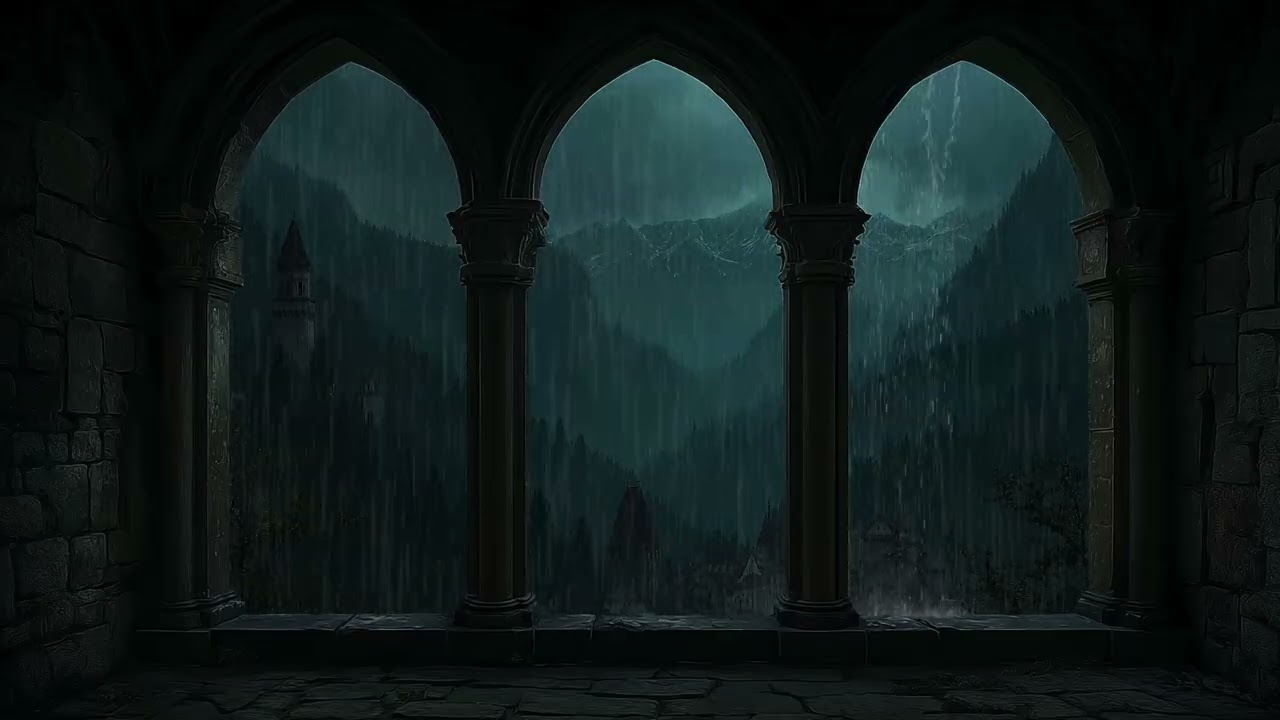 Peaceful Rain and Thunder at a Castle Window at Night for Sleep, Study Focus & Relaxing Meditation