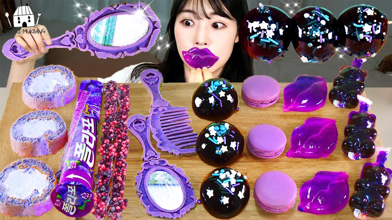 ASMR MUKBANG | Purple Dessert (Mirror Chocolate, Lip Jelly, Tiktok, Kyoho, Rope Jelly, Моти ролл)