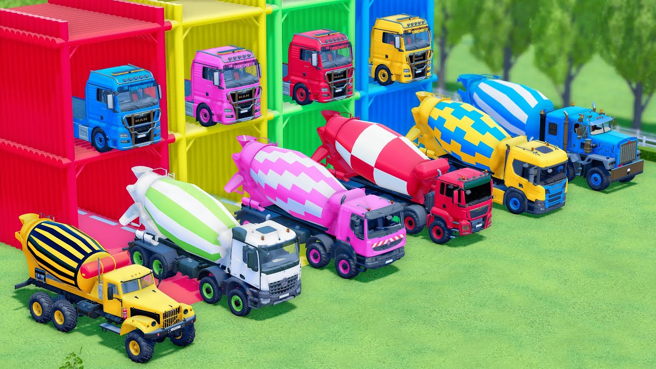 TRANSPORT OF COLOR - ALL MIXER TRUCK WITH DOUBLE FLATBED TRAILER TRUCK, MAN, KENWORTH, SCANIA ! FS22