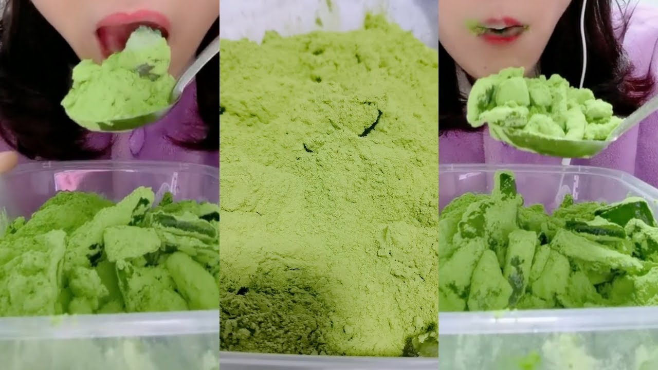 ASMR COATED MATCHA POWDER ICE EATING กินน้ำแข็ง 💚🍵 REFROZEN ICE CRUNCH 녹차 | Матча | 抹茶
