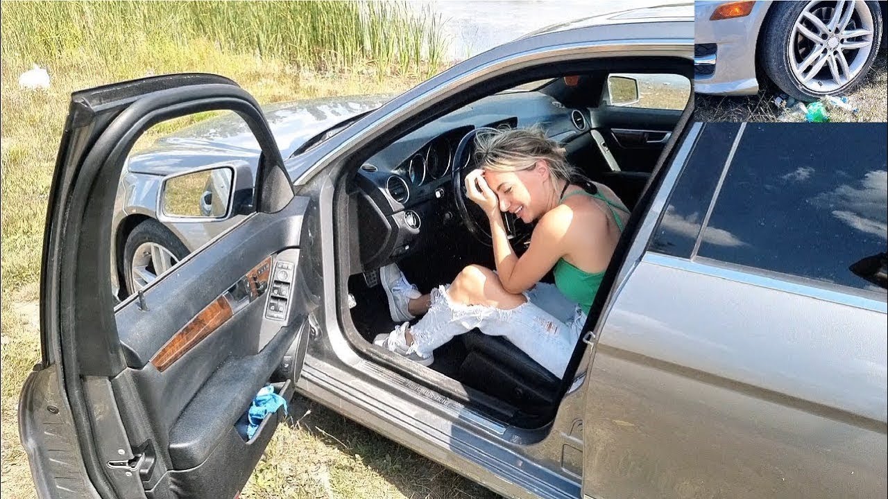 test driving girl car crushing things by car tires hard pedalpumping