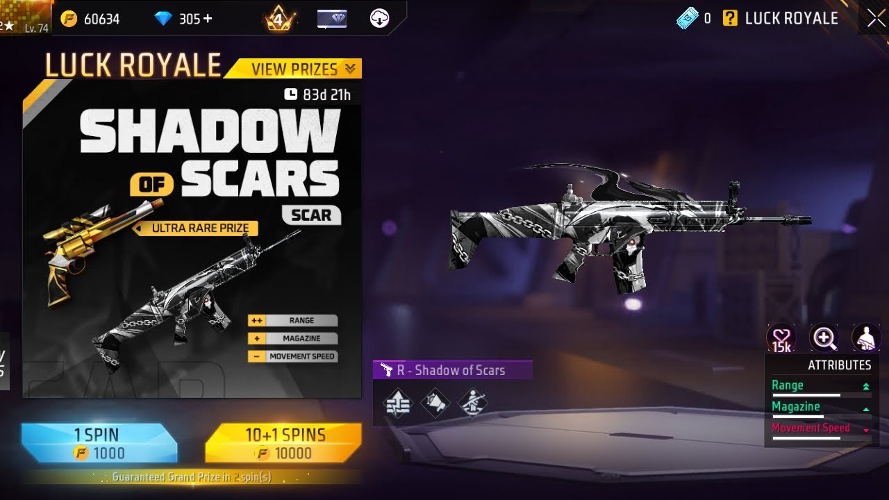 NEW WEAPON ROYAL SHADOW OF SCARS SKINN 💀 W LUCK IN SPIN 😮‍💨 FREE FIRE MAX 