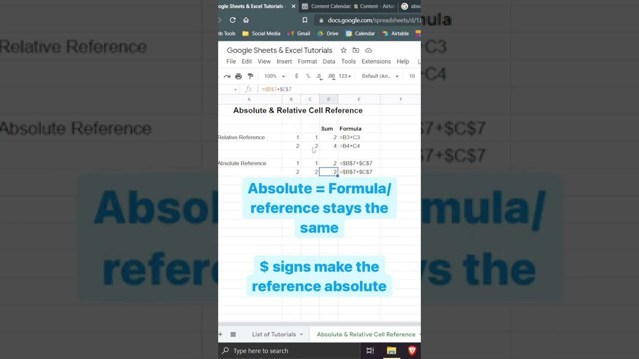 Absolute and relative cell reference Google sheets
