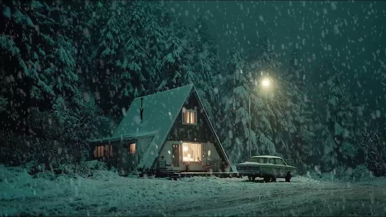 Fireplace Glowing Inside While Snow Falls Outside | Calm Winter Night Storm Sounds for Relaxation