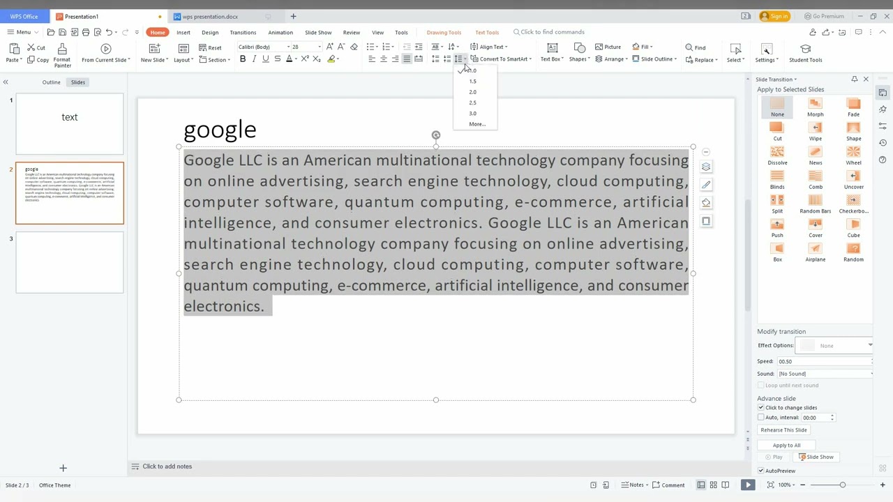 How to change line spacing in wps presentation