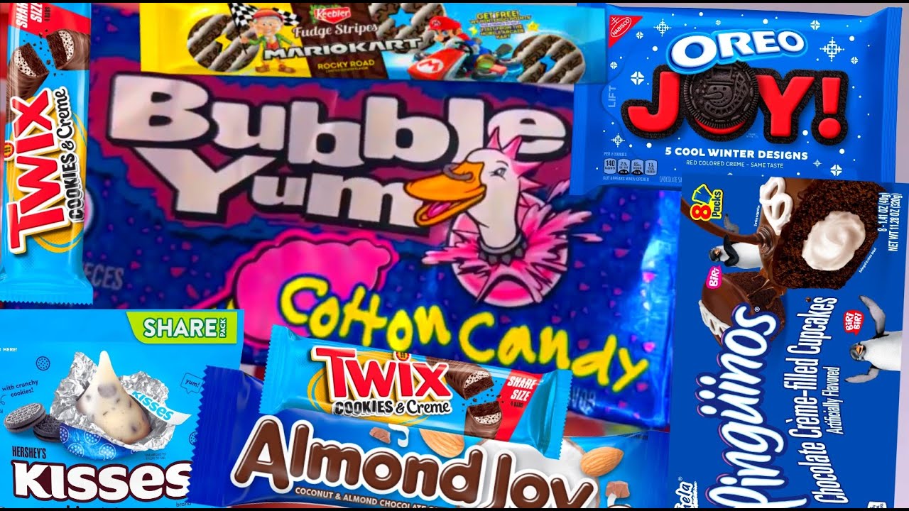 NEW BLUE WRAPPER SNACKS DESSERTS SOUR CANDY OREO COOKIES CHOCOLATE BALLS HERSHEY'S GUM GUMMY PEPSI
