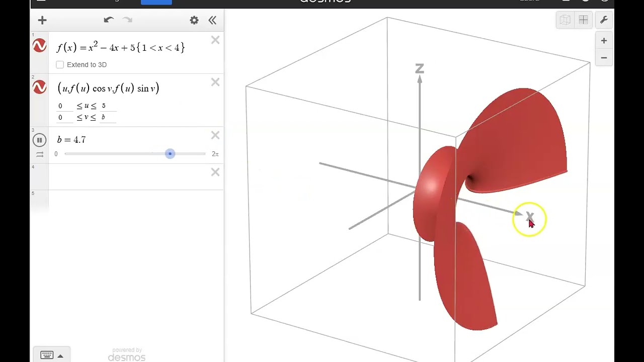 How to show in 3d Desmos a solid from rotating curve around axis for Calc 2