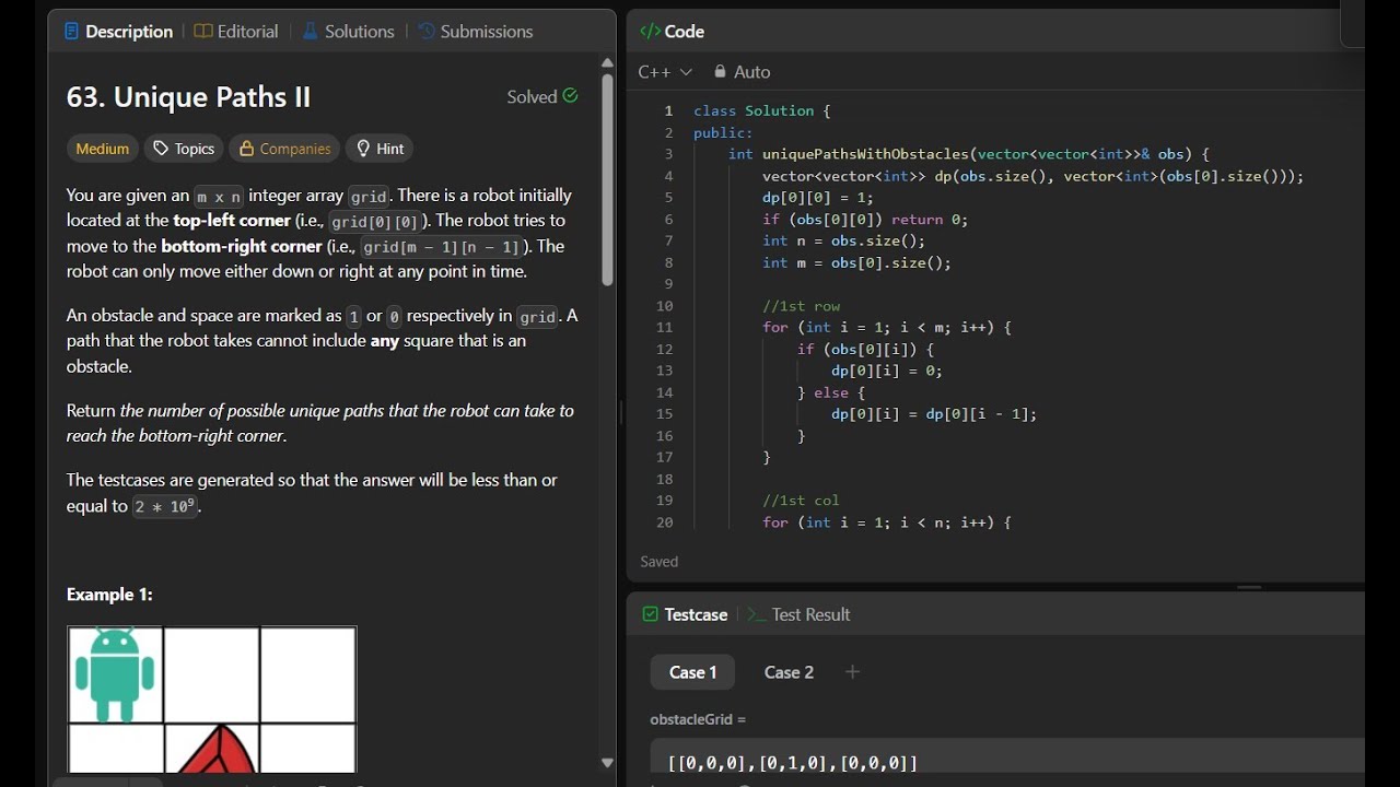 LeetCode 63 | Unique Paths II | Solved in CPP