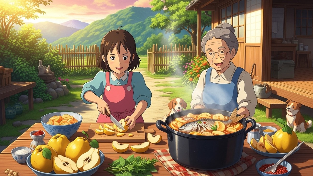 Harvesting Wild Quince in the Mountain Village – Cooking Sweet & Sour Fish Stew | Ghibli-Style ASMR