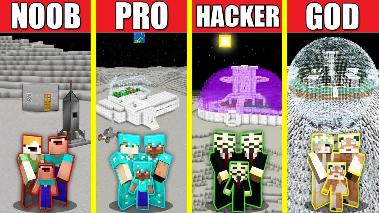 Minecraft Battle: MOON BASE HOUSE BUILD CHALLENGE - NOOB vs PRO vs HACKER vs GOD / Animation PLANET