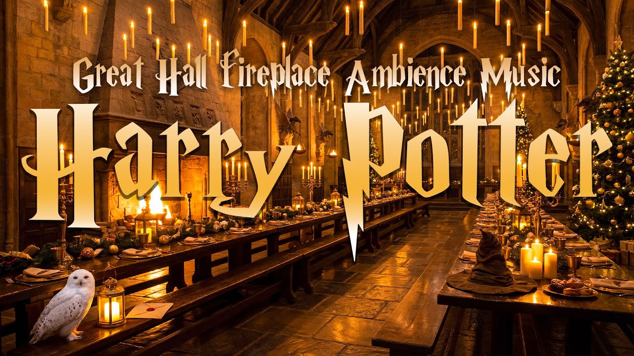 Hogwarts Great Hall Fireplace Ambience🔥Candlelit Winter Feast | Harry Potter Music