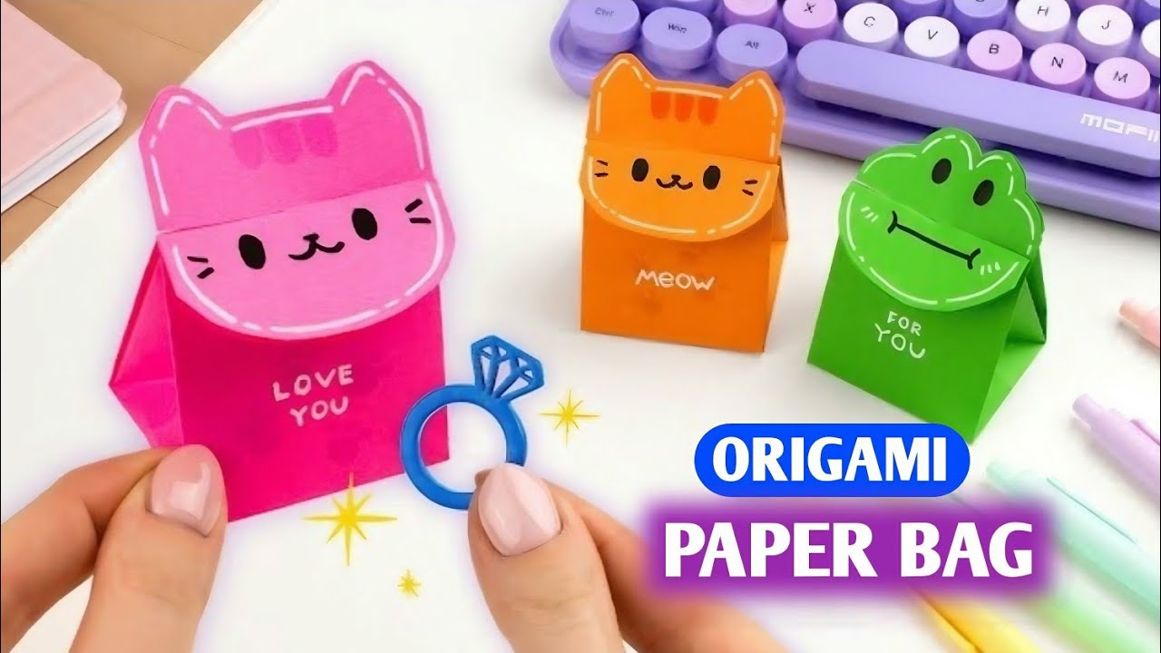 Оригами Пакет с Котиком и Лягушкой из бумаги / Оригами сумочка из бумаги  / Origami Paper Bag