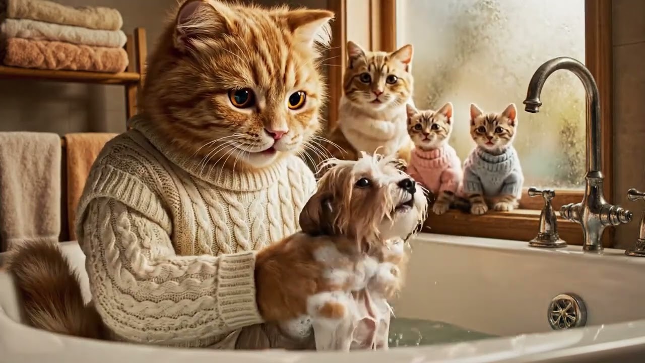 “Winter’s Warm Embrace: A Ginger Cat Family’s Heartfelt Rescue of a Shivering Puppy”