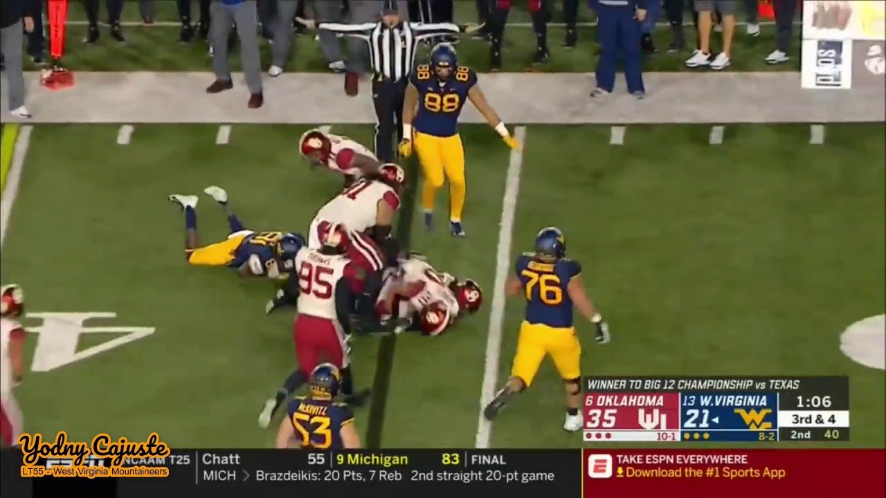 Yodny Cajuste LT#55 West Virginia Mountaineers vs Oklahoma 2018