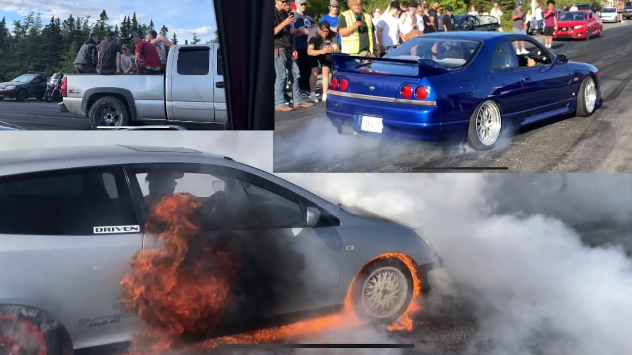 Burnroad burnouts #55!! R33 GTST! Ep3 CATCHES ON FIRE! Turbo civic! 370z!Trucks! Lots more!