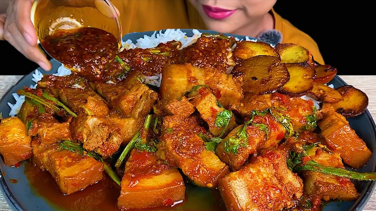Spicy Pork Belly With Fried Jengkol & White Rice * MUKBANG SOUNDS *