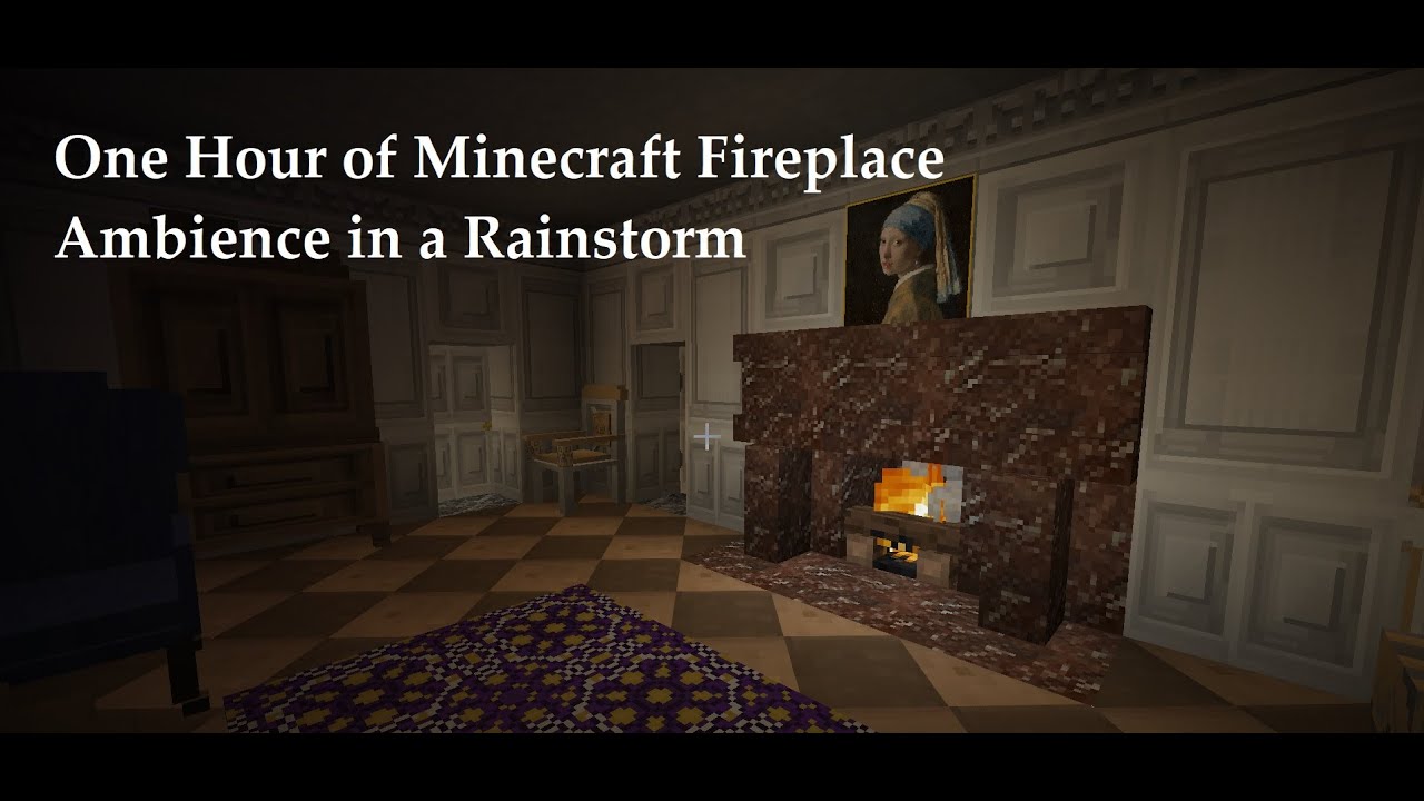 No Music Minecraft French Chateau Fireplace Ambience with Rain Outside, One Hour