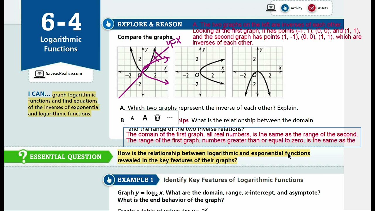 EnVision Algebra 2 Lesson 6-4: Logarithmic Functions - Explore & Reason, Examples 1-5