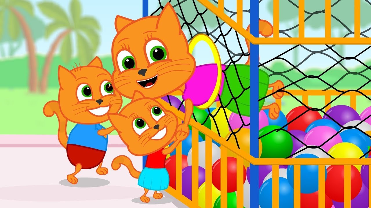 Familia de Gatos - Gatos Ayudando a Mamá a Salir de la Piscina De Bolas Dibujos animados para niños