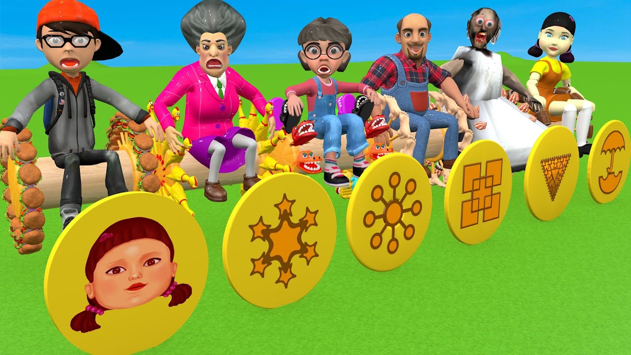 Scary Teacher 3D vs Squid Game WheelChair Wooden Door Peel Honeycomb Candy Shapes 5 Times Challenge