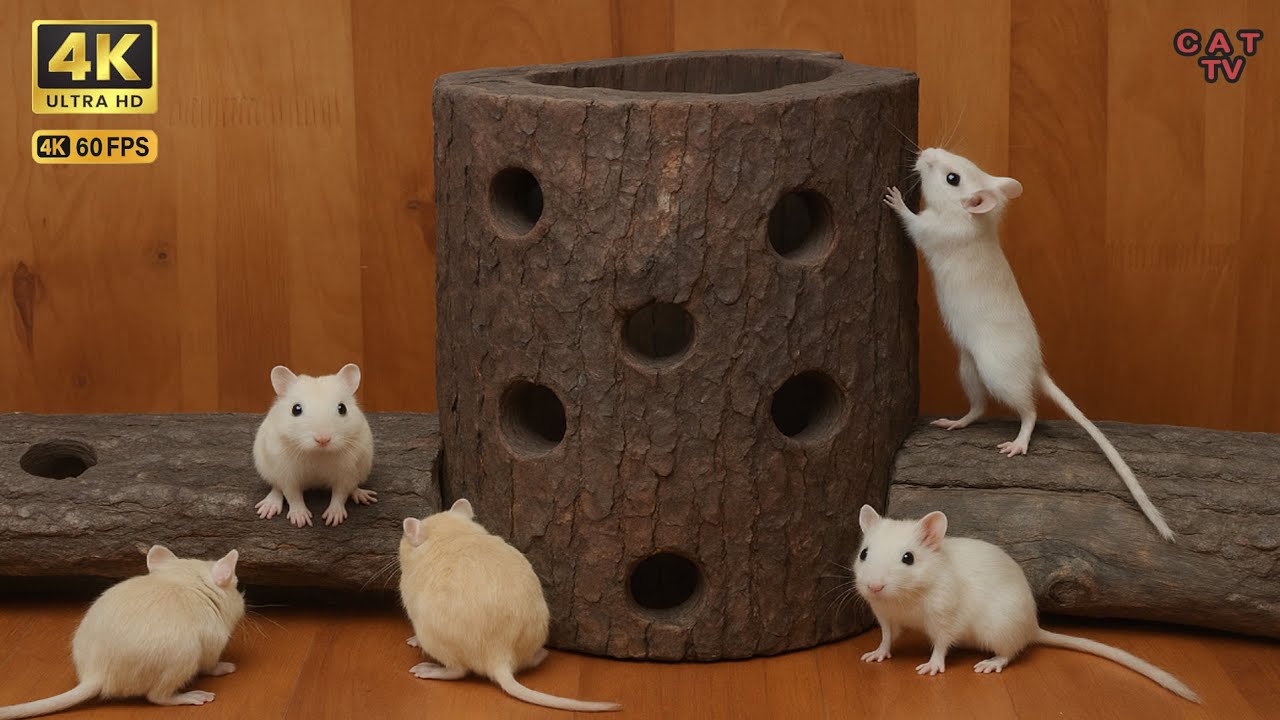Cat TV Game Mice Climbing, Hiding & Peeking in Tree Trunks with real sound | 4K UHD