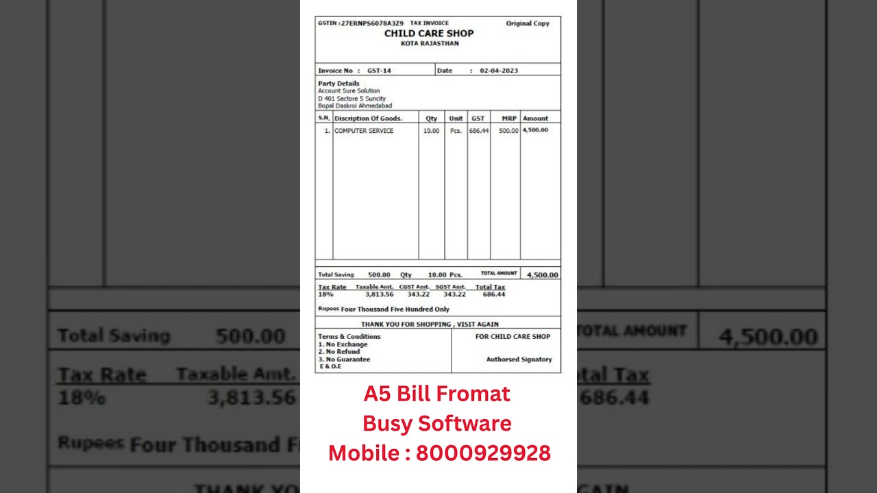 Half Page Bill Format in Busy Software||Busy Software Bill Design #8000929928
