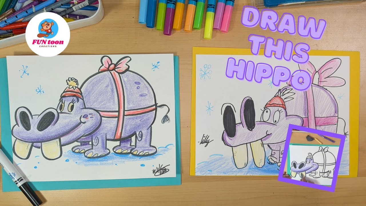 How to Draw a Simple Christmas Hippopotamus! | Step-by-Step Tutorial.🎄TEACHER vs STUDENT