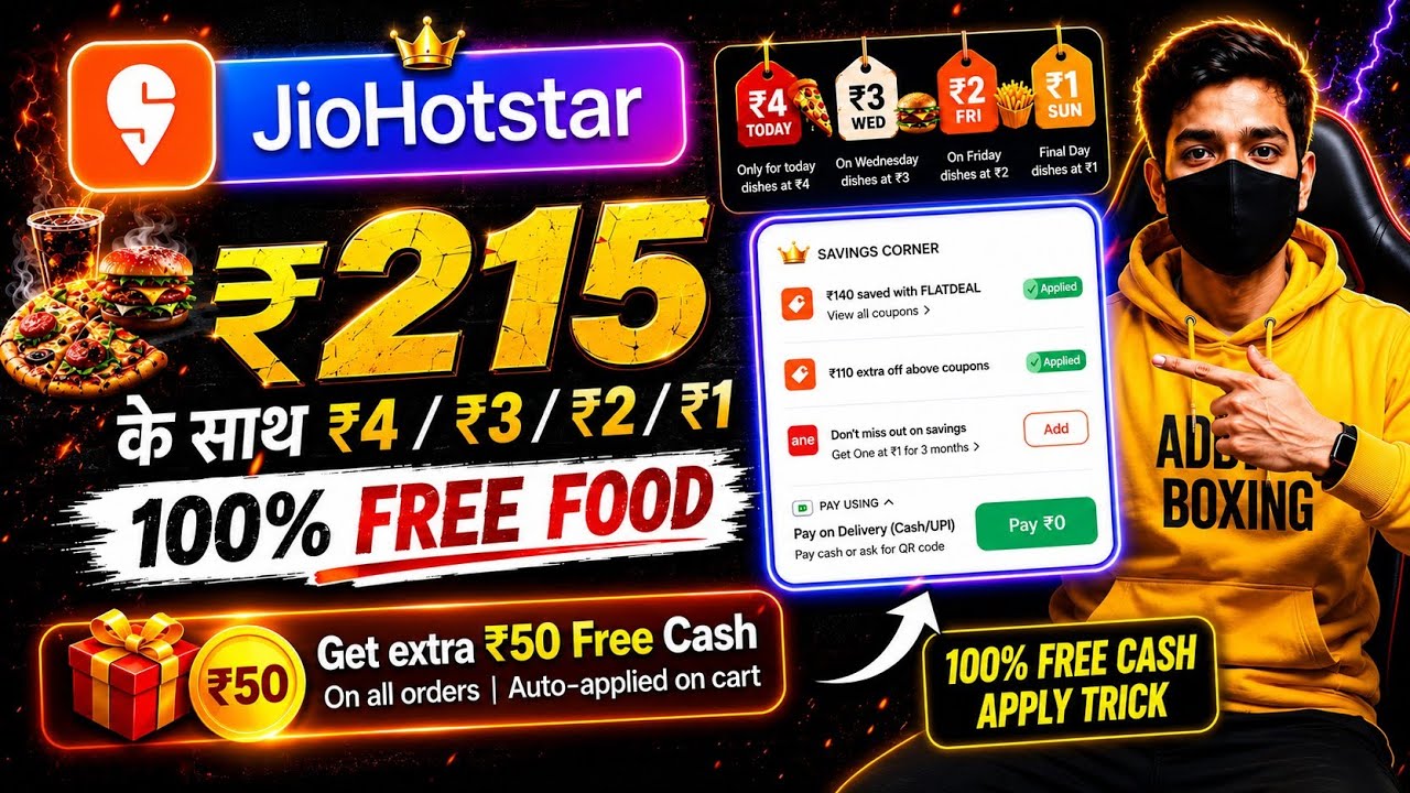 Swiggy JioHotstar Free Food | Swiggy Free Cash Apply Trick | Swiggy ₹1 / ₹4 Free Food Offer 2026