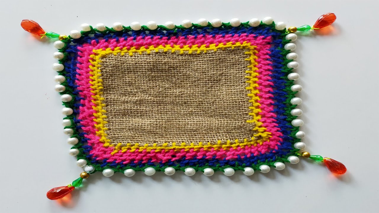 awesome table mat/table mat craft idea with wool yarn and jute/table mat with needle thread/