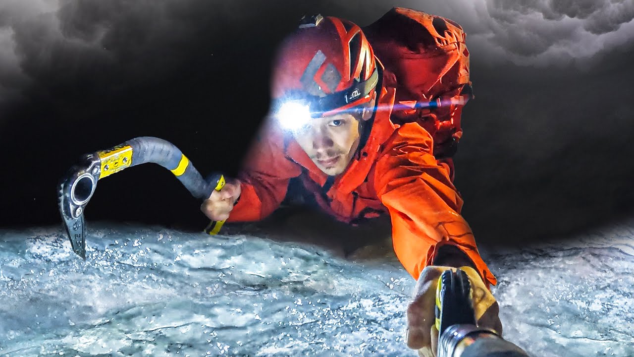 Solo Ice Climbing a Frozen Waterfall in The Dark